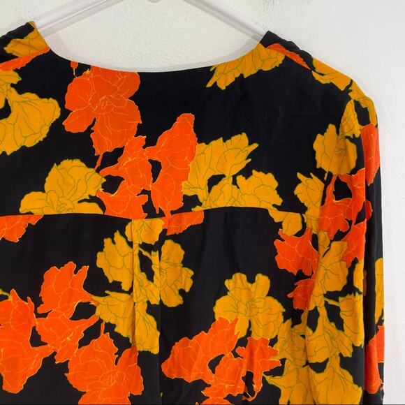 TopShop Black Orange Mustard 70s Floral Surplice Half Sleeve Wrap Top 4 Small - Picture 7 of 8